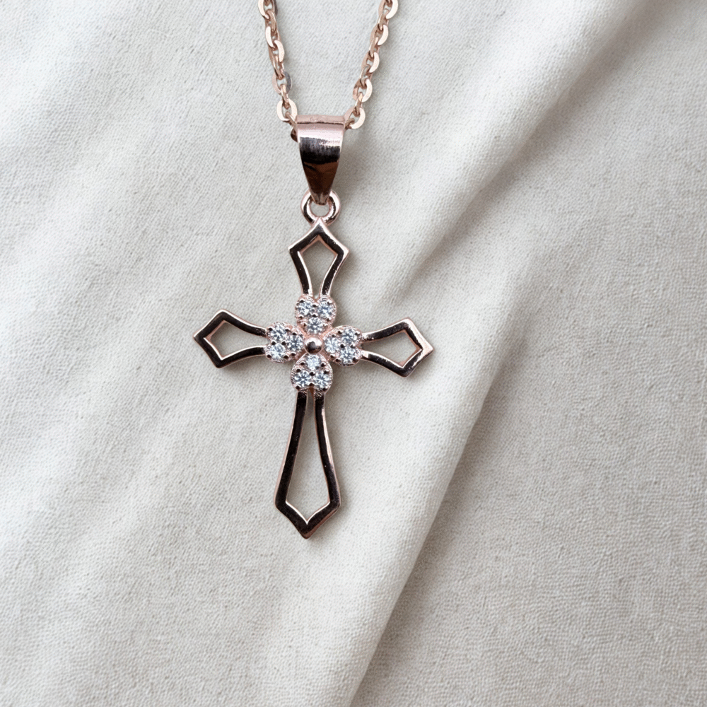 Rose Gold Open Cross Necklace 925 Sterling Silver Pendant + Chain