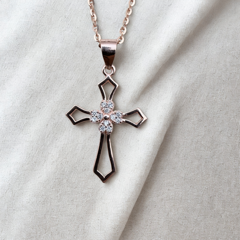 Rose Gold Open Cross Necklace 925 Sterling Silver Pendant + Chain