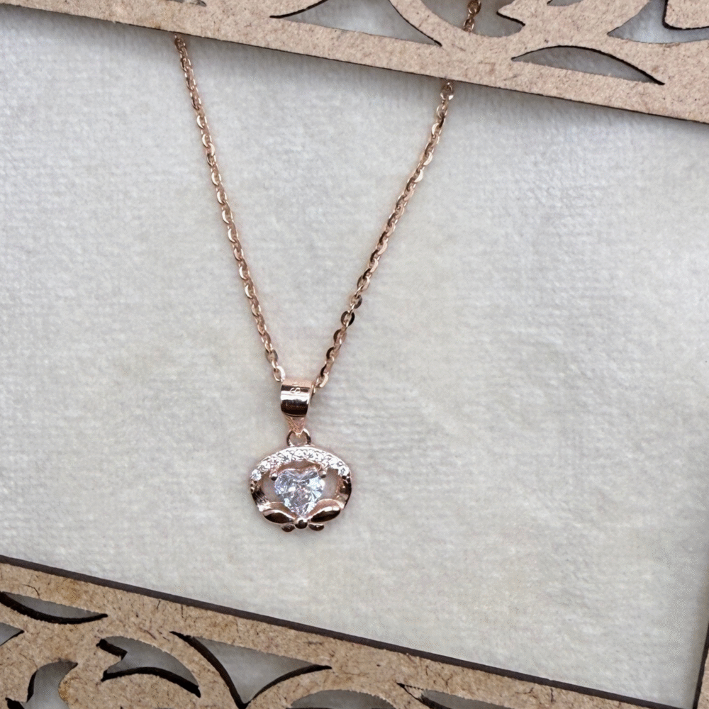 Rose Gold Heart Halo 925 Sterling Silver Pendant + Chain