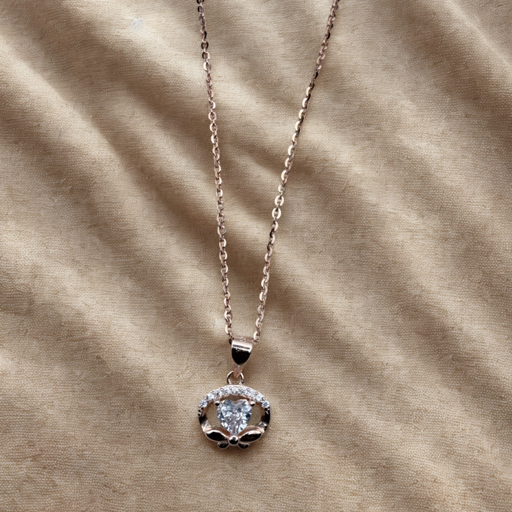 Rose Gold Heart Halo 925 Sterling Silver Pendant + Chain