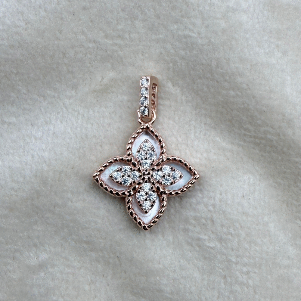 Mother-of-Pearl Pavé Clover Rose Gold 925 Sterling Silver Pendant + Chain