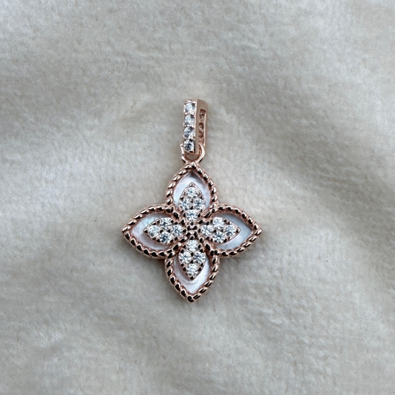 Mother-of-Pearl Pavé Clover Rose Gold 925 Sterling Silver Pendant + Chain