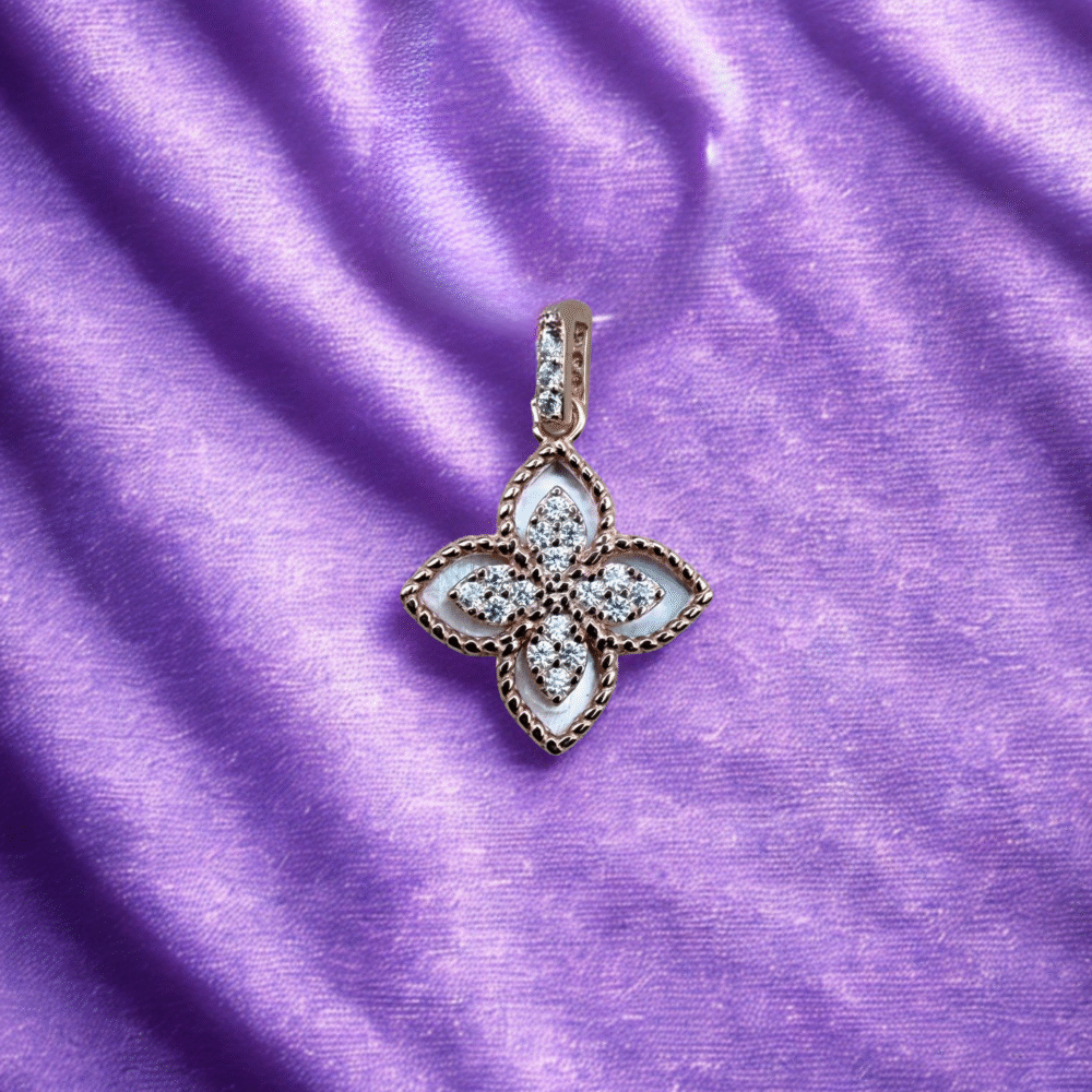Mother-of-Pearl Pavé Clover Rose Gold 925 Sterling Silver Pendant + Chain