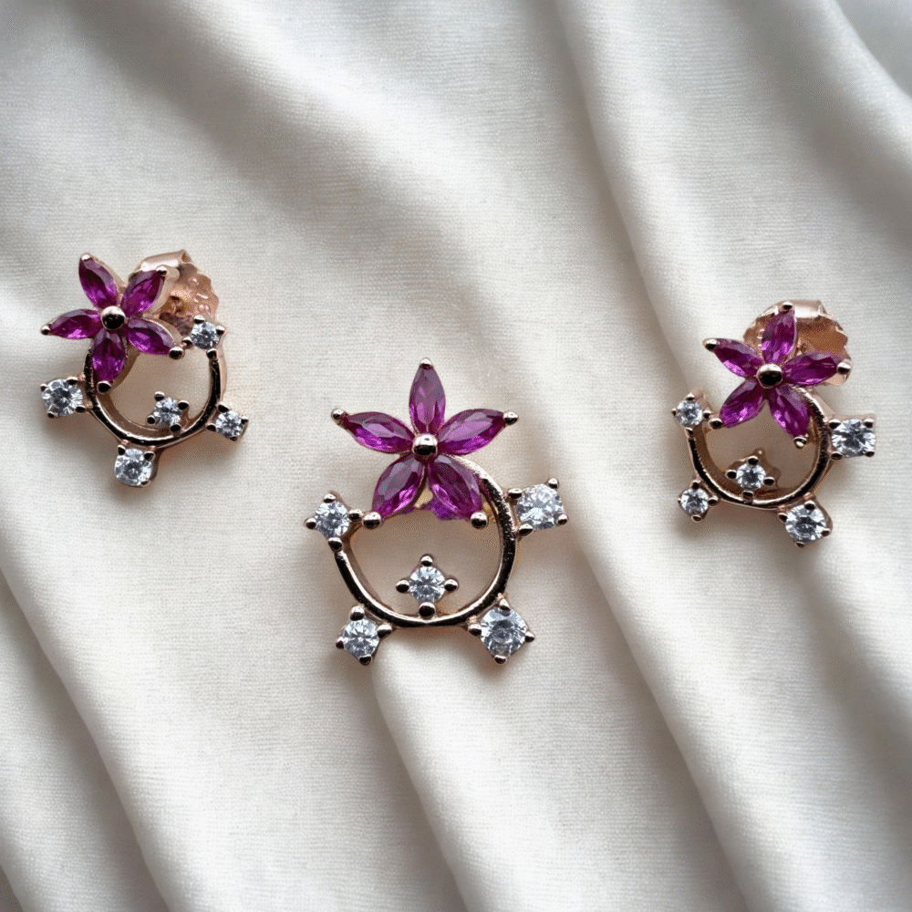 Pink Rose Gold Romantic Petal Charm Pendant Set- Made with 925 sterling silver