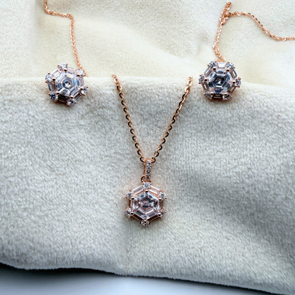 Rose Gold Hexagon Dazzle Pendant Set - Made with 925 sterling silver