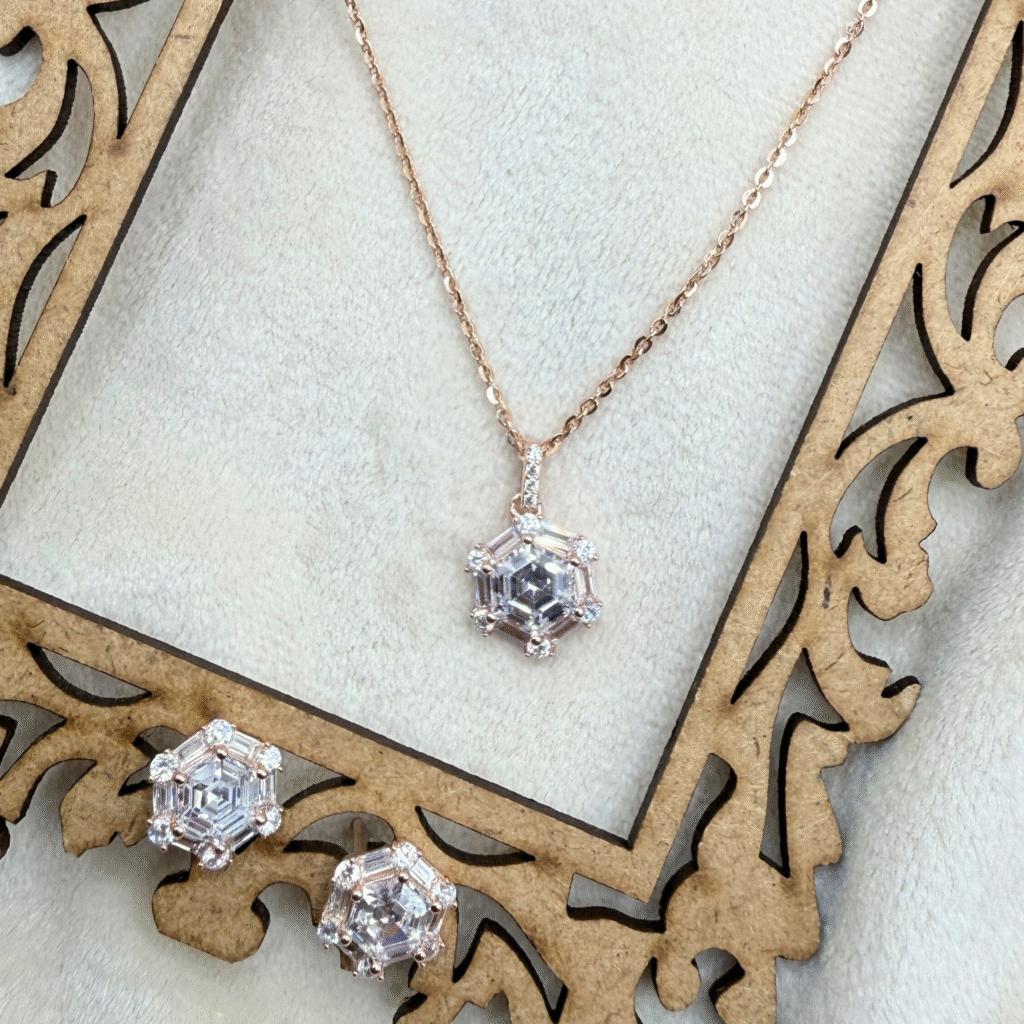 Rose Gold Hexagon Dazzle Pendant Set - Made with 925 sterling silver