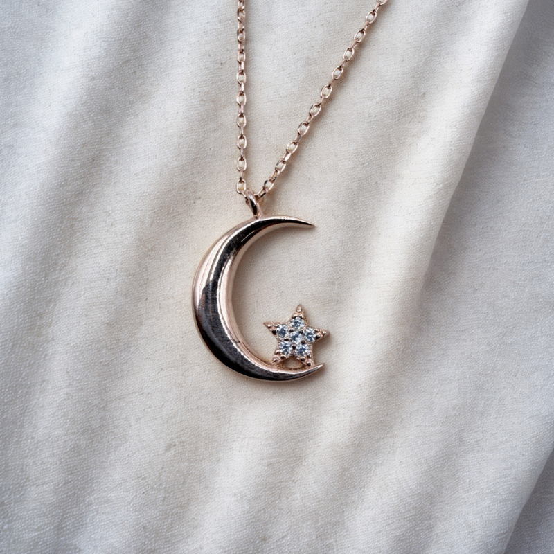 Moon and star Rose Gold 925 Sterling Silver Necklace