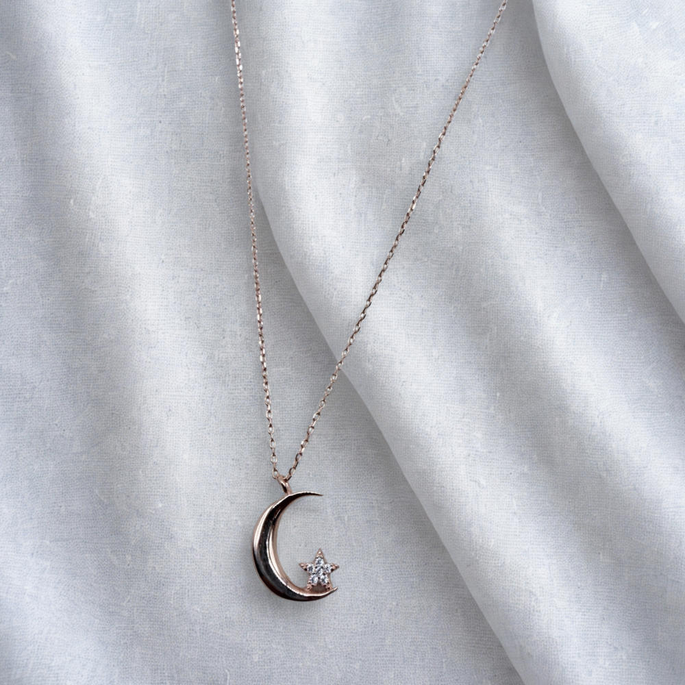 Moon and star Rose Gold 925 Sterling Silver Necklace