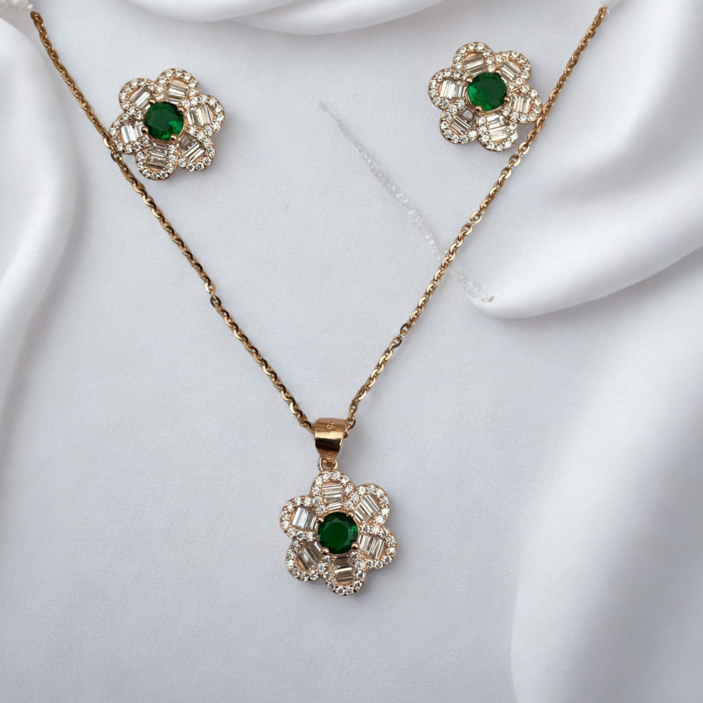 rose gold flower pendant set with green stone 925 sterling silver