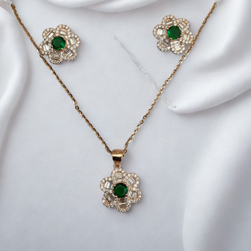 rose gold flower pendant set with green stone 925 sterling silver