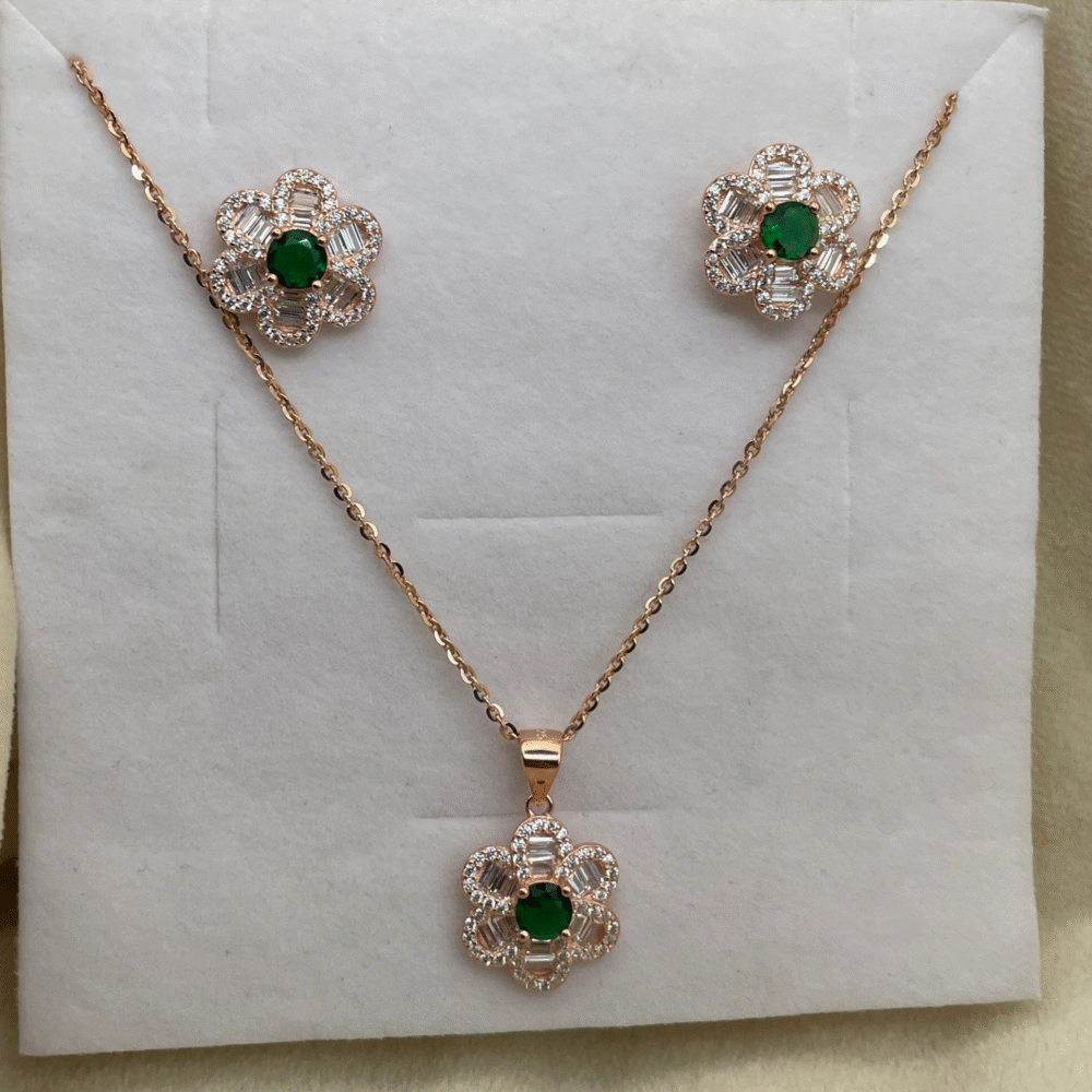 rose gold flower pendant set with green stone 925 sterling silver