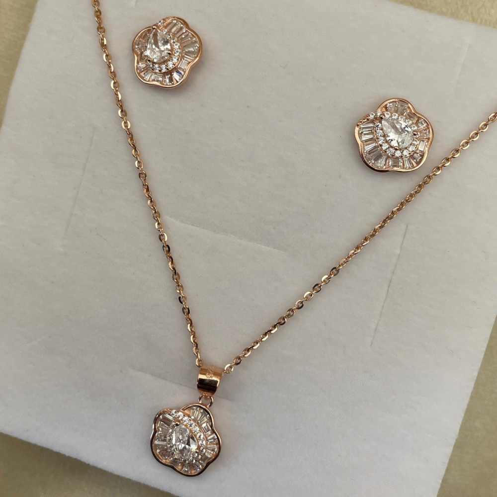 rose gold flower pendant set with white stone 925 sterling silver