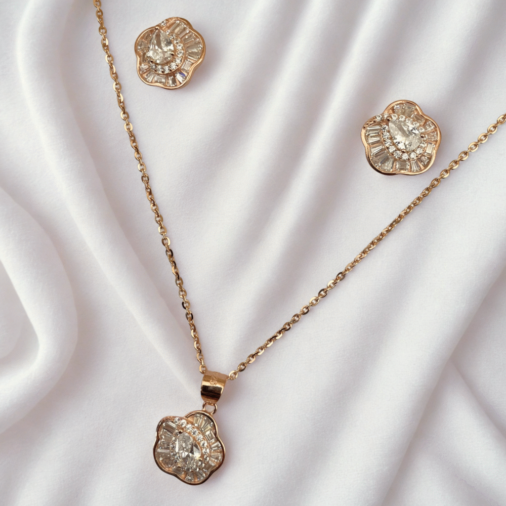 Rose Gold Flower White Stone - 925 Sterling Silver