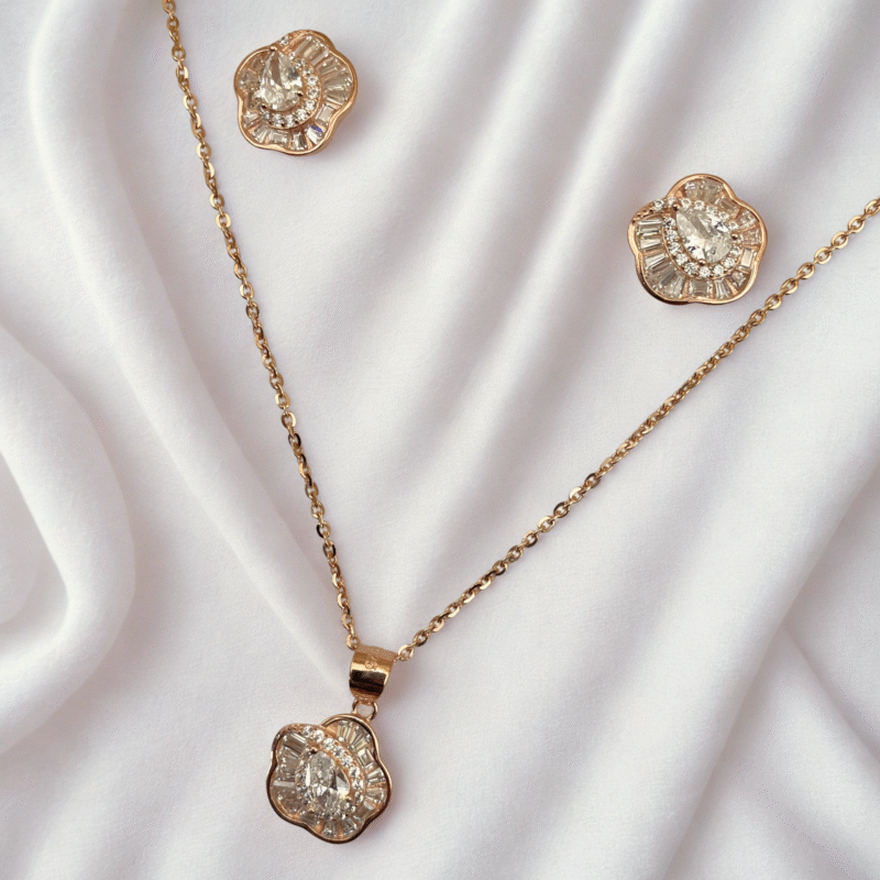 Rose Gold Flower White Stone - 925 Sterling Silver