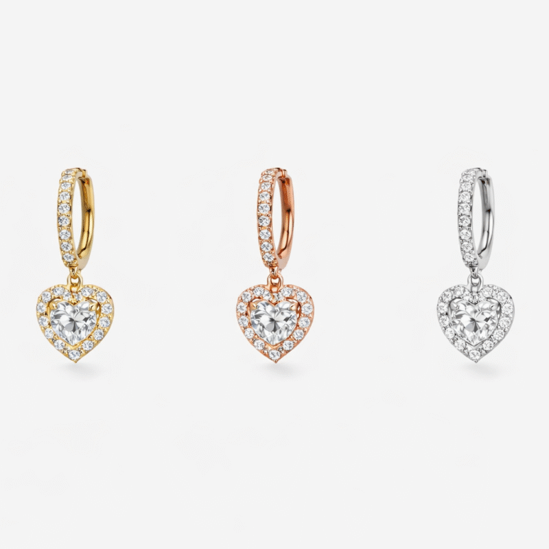 Amora heart-shaped huggie earrings made from 925 Sterling Silver with solitaire stone, available in Rose Gold, Gold, and Silver
