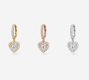 Amora heart-shaped huggie earrings made from 925 Sterling Silver with solitaire stone, available in Rose Gold, Gold, and Silver