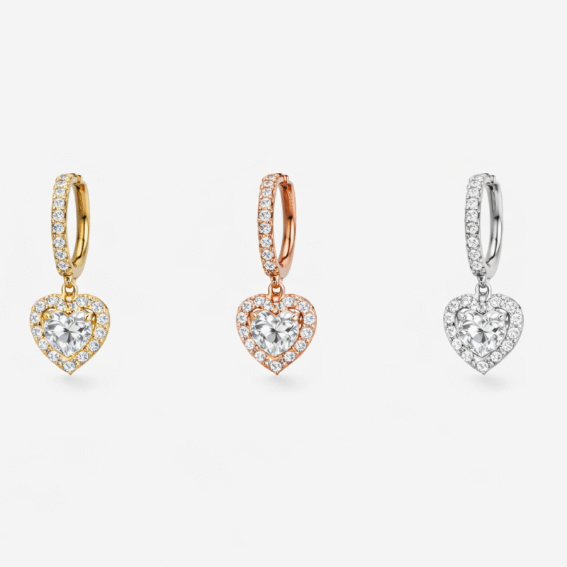 Amora heart-shaped huggie earrings made from 925 Sterling Silver with solitaire stone, available in Rose Gold, Gold, and Silver