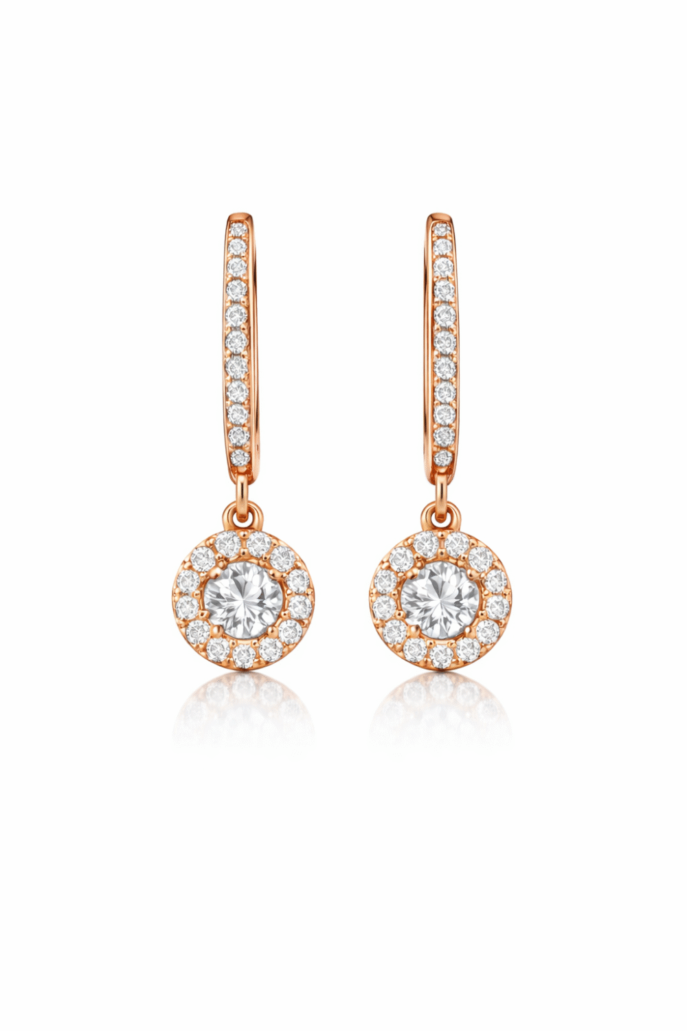 Circular rose gold huggie earrings with silver solitaire stone made from 925 Sterling Silver