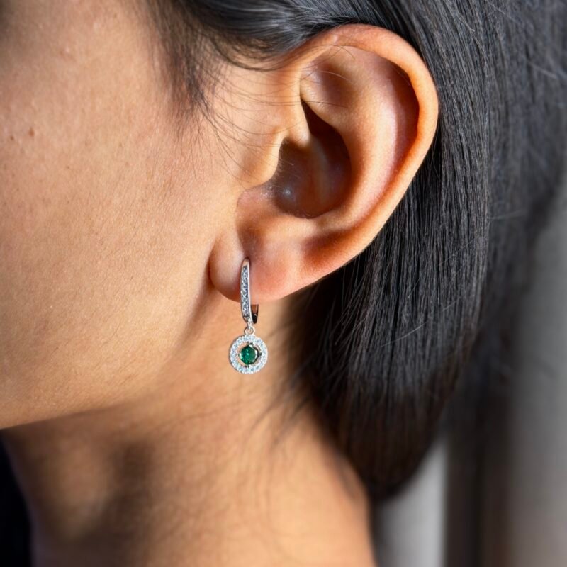 Circular huggie earrings with green solitaire stone made from 925 Sterling Silver,